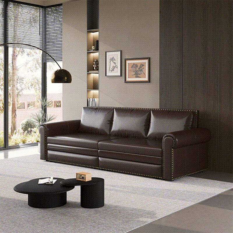 Pull Out Sofa Bed with Nailhead Trim & Rolled Arm,Multi-Functional for Living Room - Dark Brown-Faux Leather