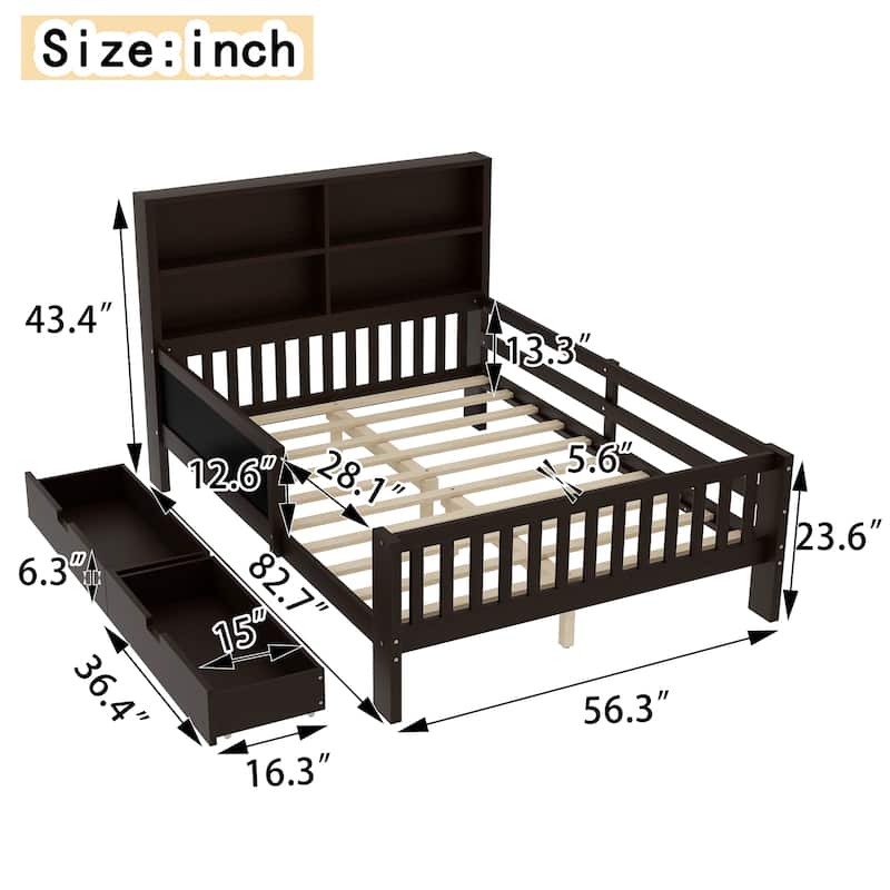 Childlike Fun Solid Wood Low-profile Platform Bed Storage Bed Frame with Side Chalkboard, Open Shelves, Drawers and Guardrails