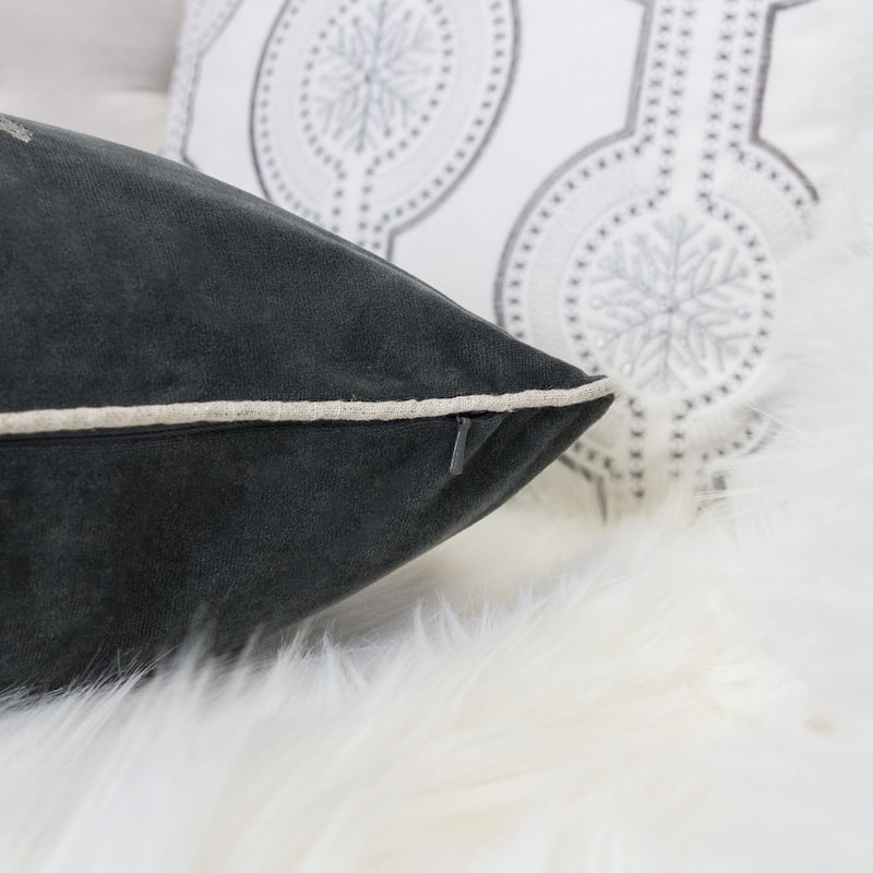 Gray Velvet Holiday Throw Pillow with Snowflake Wreath Embroidery, 20x20 with Insert