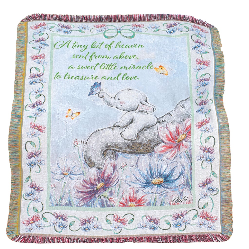Elephant Baby Tapestry Fringe Border Throw Blanket