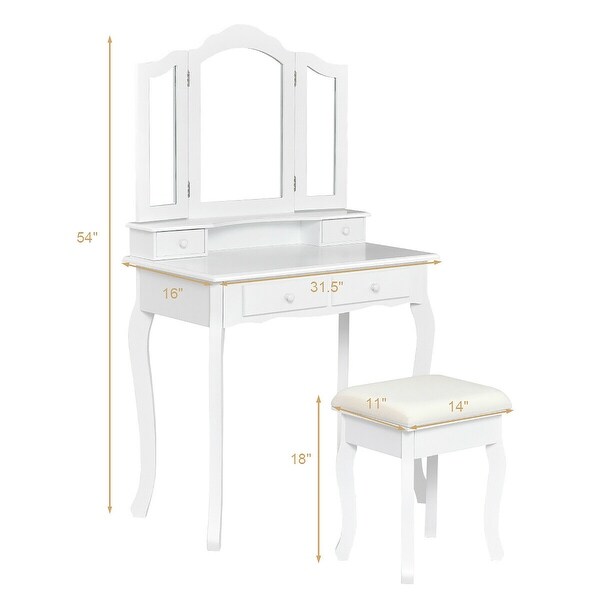 Makeup Dressing Table Vanity Set w/Stool 4 Drawer&Lighted Mirror Jewelry Desk 