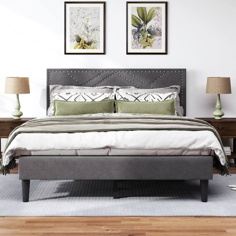 Linen Fabric Storage Bed Frame, Wooden Slats Support, Upholstered Platform Bed with Wingback Storage Headboard
