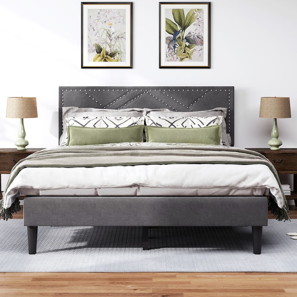 Queen Size Metal Platform Bed with Storage Headboard, No-Noise Design, 2 Large Drawers, Strong Slats Support