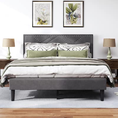 Queen Size Platform Bed Frame with Upholstered Storage Headboard, Under-Bed Storage