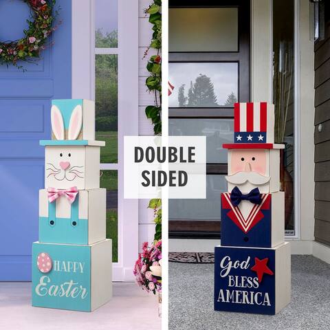 Glitzhome 24"H Double Sided Wooden Porch Decor Easter and July Fourth