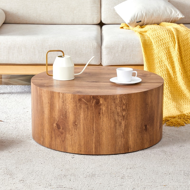 Cylindrical Coffee Table Dining Table with Anti-slip Feet, Writing Desk Accent Table with Woodgrain Pattern - Wood