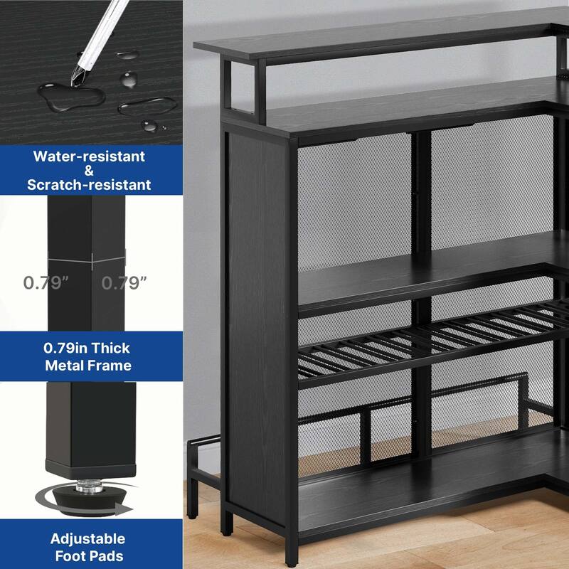 Moasis Home Bar Unit L-shape Liquor Bar Table with 2-Tier Storage and Shelves
