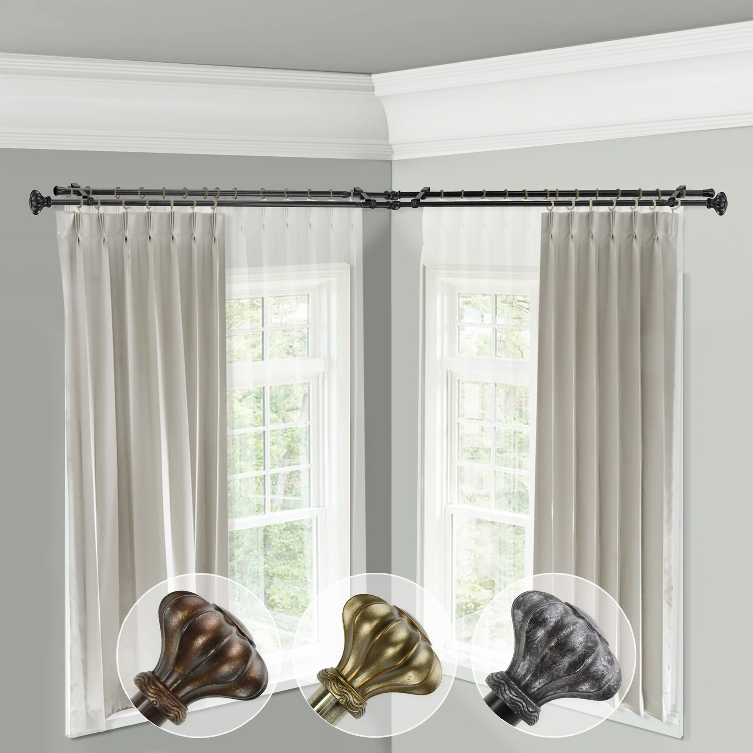 Corner Window Curtain Rod Double Rod Set Adjustable Cocoa 66-120
