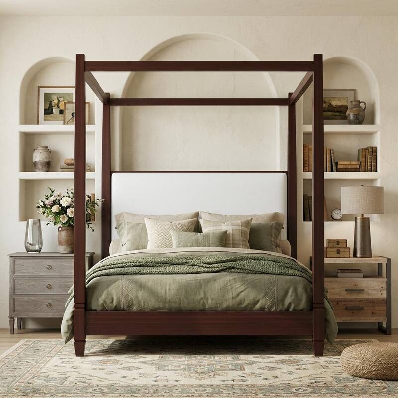 Canopy Platform Bed with Upholstered Headboard by Harper&Bright Designs - Espresso - Queen