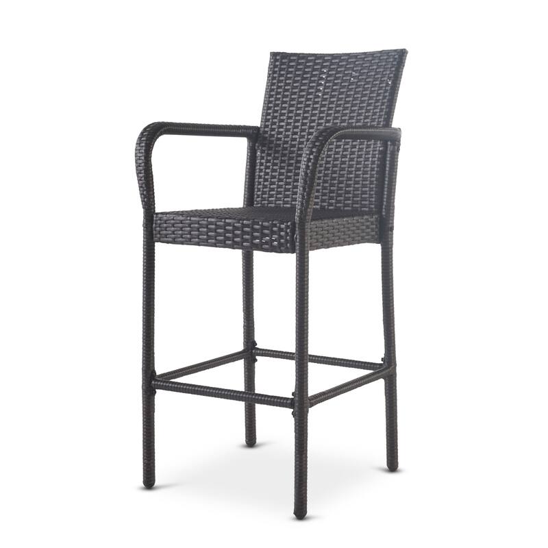 Outdoor Patio Wicker Barstool, High Back Bar Chair with Arm and Footstool High Chair, Entertainment Barstool Set (Set of 2)