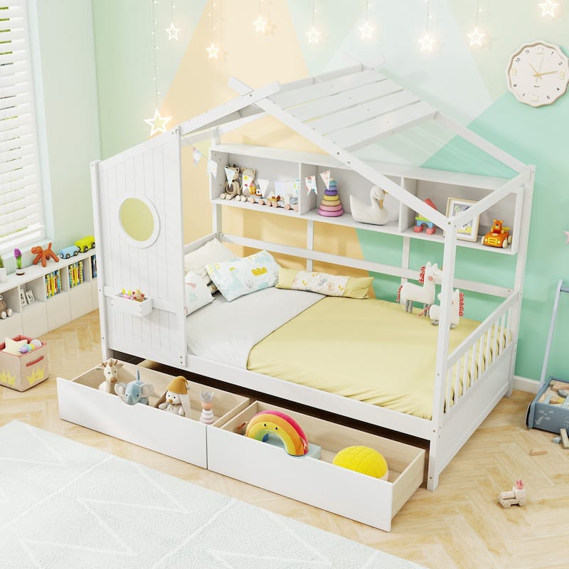 Gymax Twin Size House Bed Kids Bed Frame w/ 2 Storage Drawers & Fence