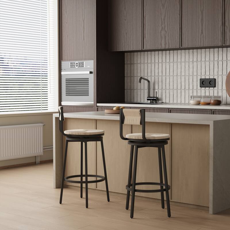 Modern Bar Stools Swivel Counter Chairs with Metal Frame Set of 2 Hand Woven Paper Rope Dining Barstools for Kitchen Counter - Creamy White