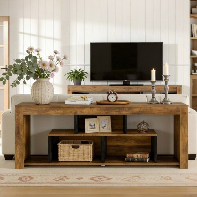 63" Rustic Wooden Console Sofa Table, Long Entryway Table with Storage