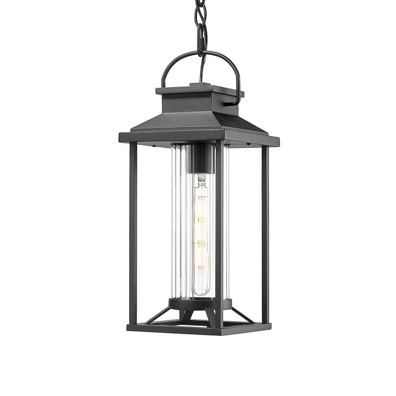 Black Outdoor Pendant Light - Waterproof Hanging Lantern for Porch, Patio & Gazebo, Ribbed Glass (1 Pack) - Black