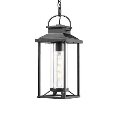 Black Outdoor Pendant Light - Waterproof Hanging Lantern for Porch, Patio & Gazebo, Ribbed Glass (1 Pack)
