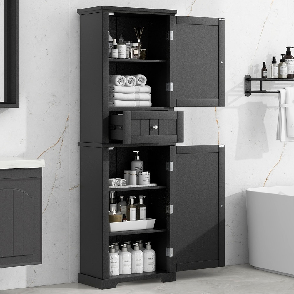 GDFStudio - Emery Tall Freestanding Bathroom Storage Cabinet with Drawer and Adjustable Shelves