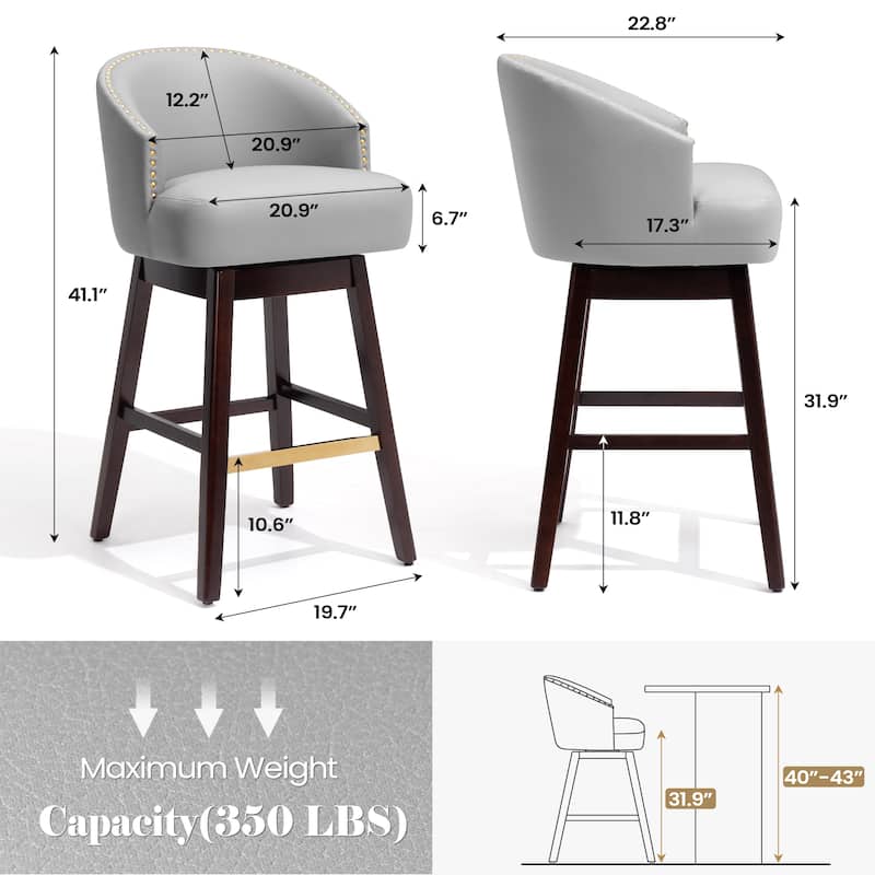 26.4"/31.9"H Height Upholstered Solid Wood Swivel Bar Stools