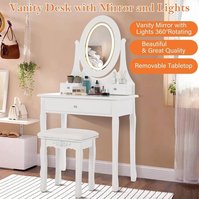 White Dressing Table with Lighted Oval Mirror and Stool and 3 Drawers