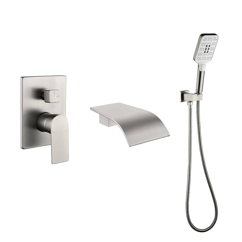 Wall Mounted Tub Faucet With Hand Sprayer Waterfall Bathtub Faucet Modern Single Handle Tub Filler Trim With Handheld Shower - Brushed Nickel