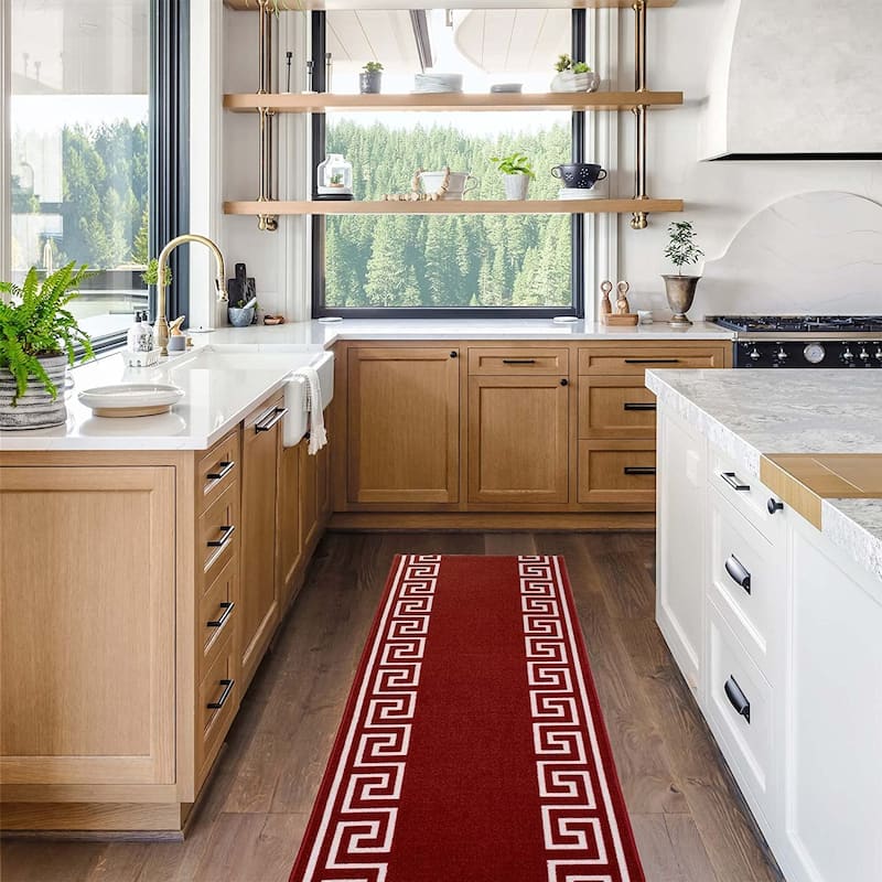 Custom Size Greek Key Black 31 Inch Wide Non-Slip Stair Runner Rug