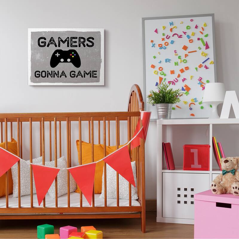 Stupell Gamers Gonna Game Phrase Controller Distressed Pattern Canvas Wall Art - Grey