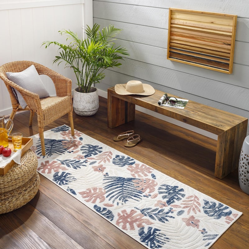 Livabliss Cabo Casual Palm Indoor/ Outdoor Area Rug - Blush/Blue - 2'7" x 7'3"