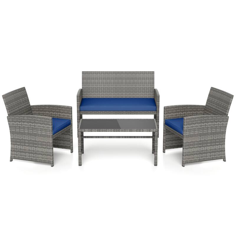 4 Piece Outdoor Patio Furniture Set Mix Gray PE Rattan Loveseat Armchairs and Tempered Glass Coffee Table with Cushions