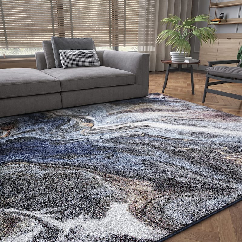 Rayna Industrial Abstract Indoor Area Rug - 7'10'' Round - Navy