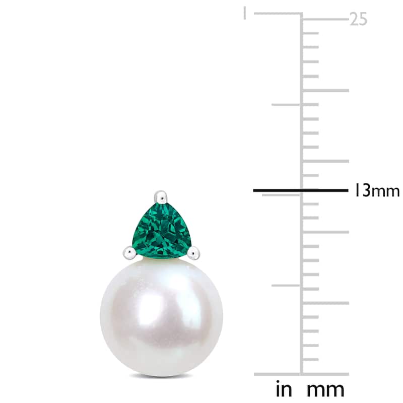 Miadora 8-8.5mm Cultured Freshwater Pearl and 2/5ct TGW Created Emerald Stud Earrings in 10k White Gold