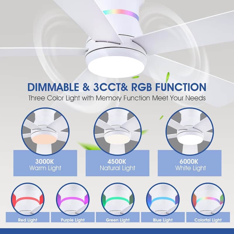 52 Inches RGB Flush Mount Ceiling Fan with Light and Remote,DC Motor,for Living Room Bedroom - 52 Inches