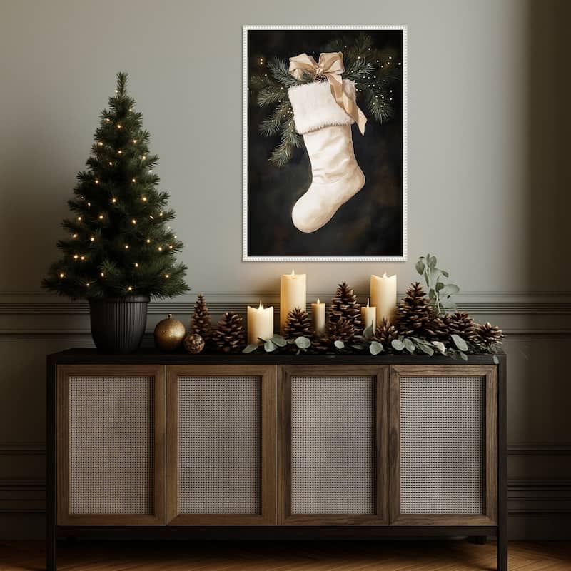 Christmas Stocking with Pine and Ribbon by Melloi Art Prints (23 x 33 in.), Framed Canvas Wall Art Print - Sylvie Beaded White