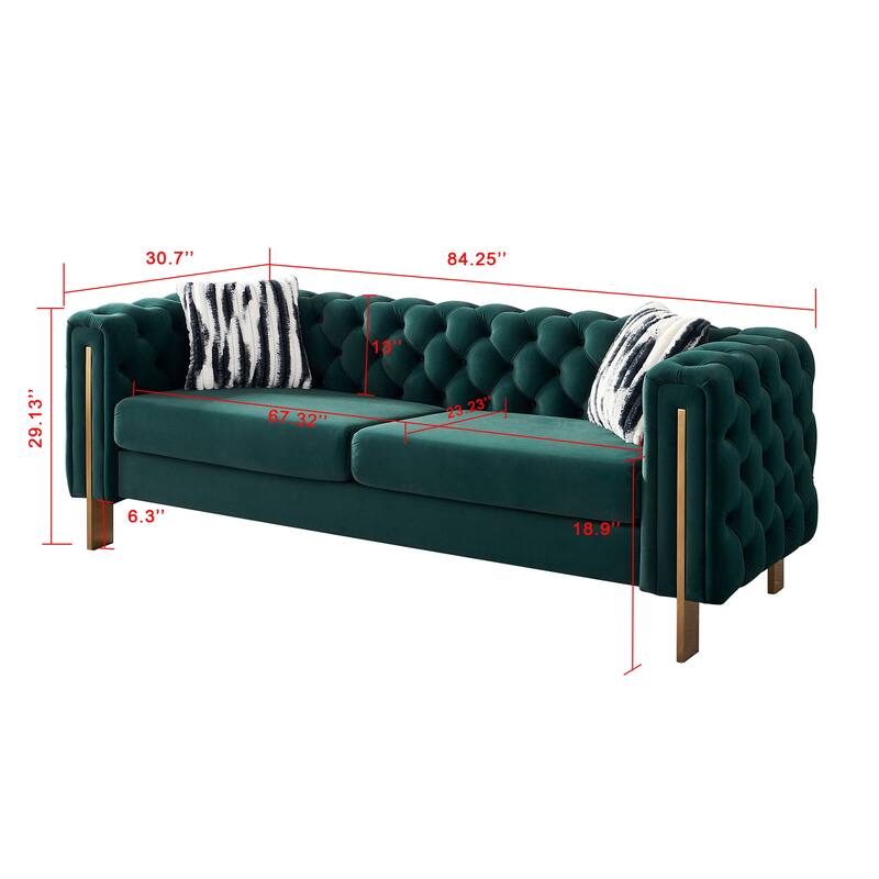 Velvet Tufted Sofa with Gold Metal Legs & Toss Pillows - 84" Width