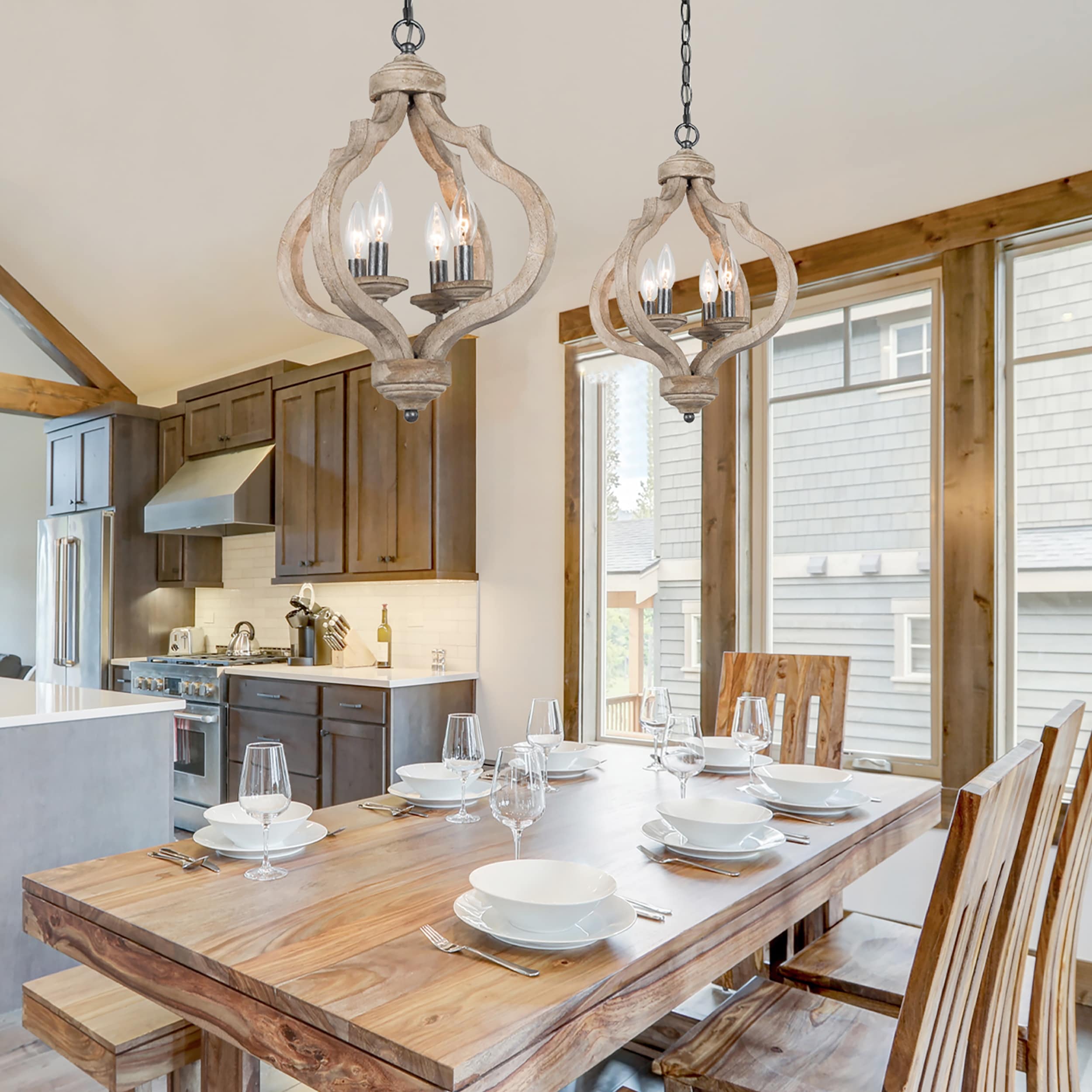 French Country 4-Light Farmhouse Wood Lantern Chandelier for Kitchen Island  - L14.2