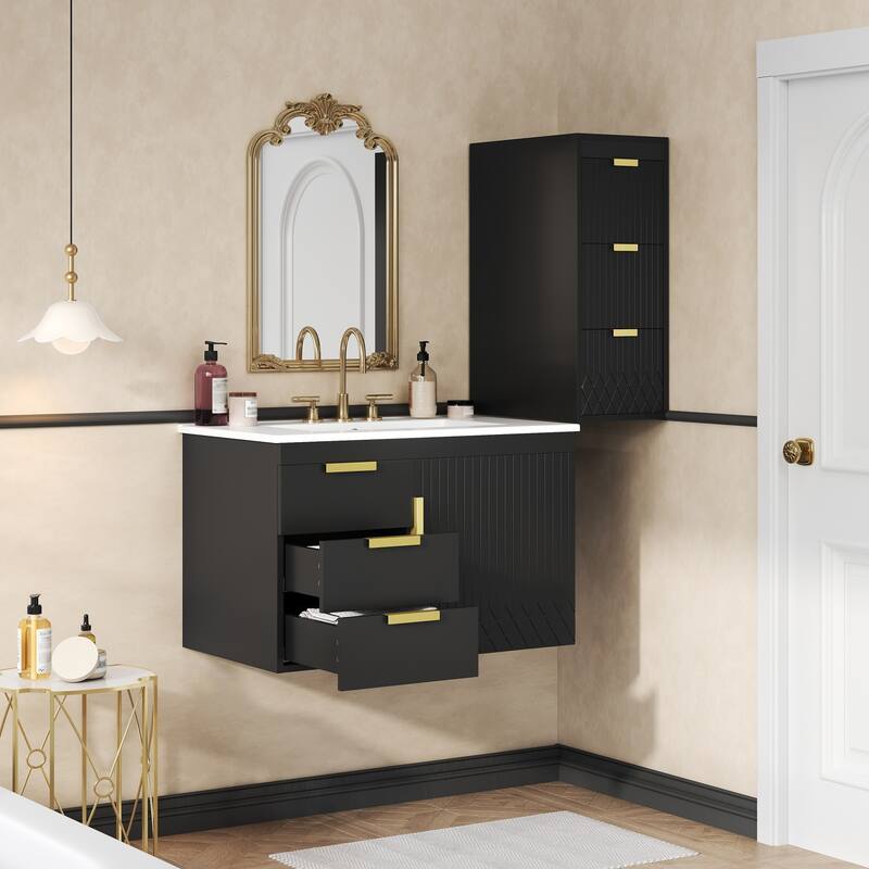 Roomfitters 30 Inch Wall Mounted Bathroom Vanity & Side Cabinet Combo, Floating Storage Station with Sliding Tiers