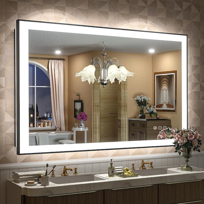 Full Size Back & Front LED Lighted Anti-Fog Tempered Glass Framed Wall Bathroom Vanity Mirror - 48" x 32"