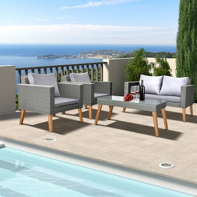 Outdoor 4-Piece Wicker and Acacia Wood Conversation Set with Cushions