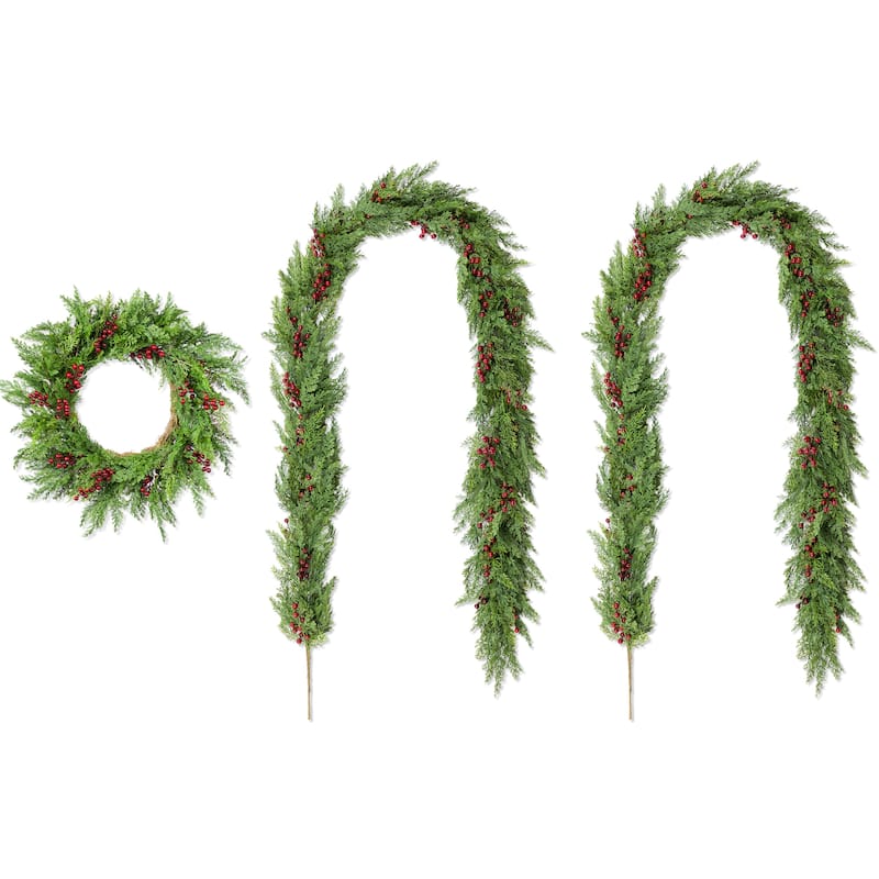 Glizthome 6FT/9FT Christmas Greenery PE Dripping Cedar Garland & 24"D Wreath with Red Berries - 24"D Wreath & Set of 2 9ft Garlands