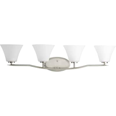 Bravo Collection Four-Light Brushed Nickel Etched Glass Modern Bath Vanity Light - 9" x 37.25" x 8.75"