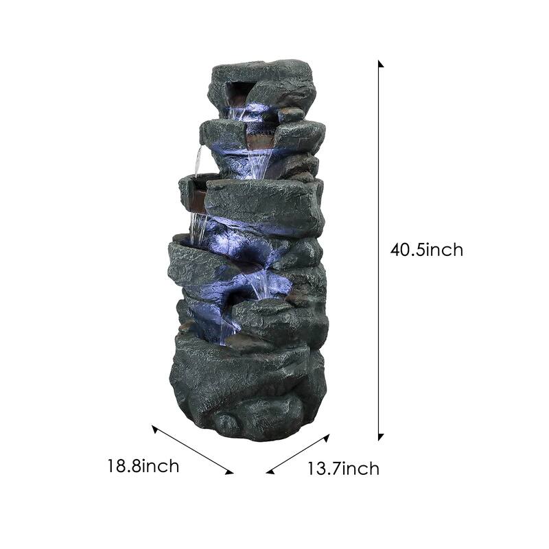 6-Tier Cascading Rock Water Fountain Outdoor Garden Waterfall w/Lights