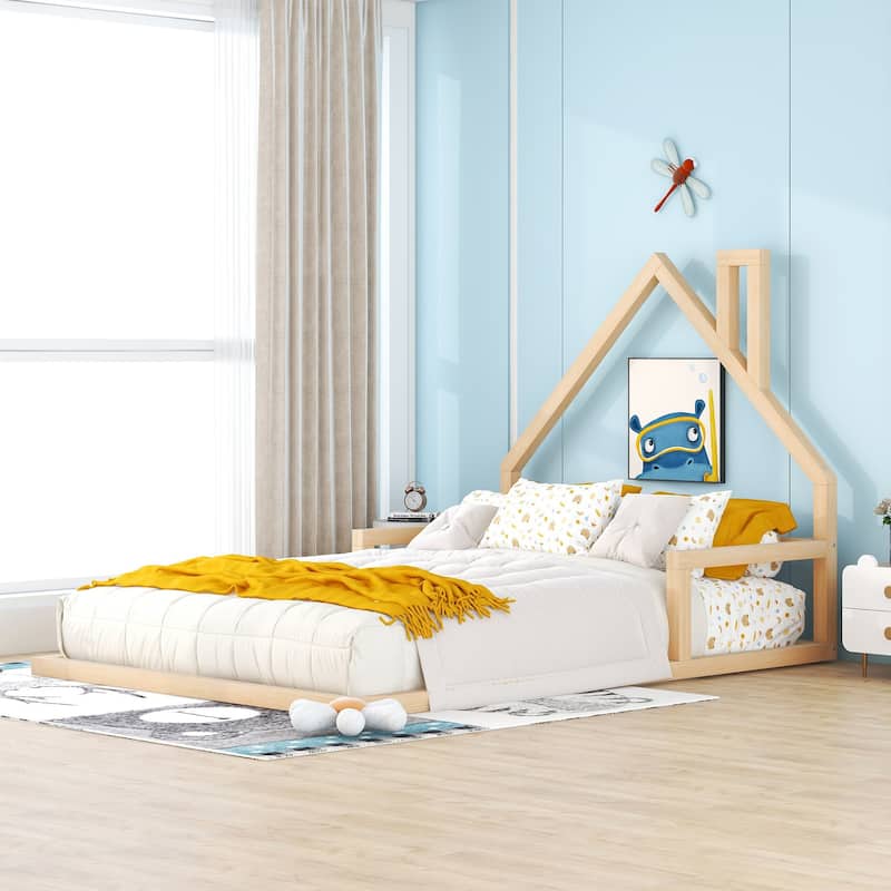 Playful Twin/Full House-Shaped Floor Bed for Kids, No Box Spring Required