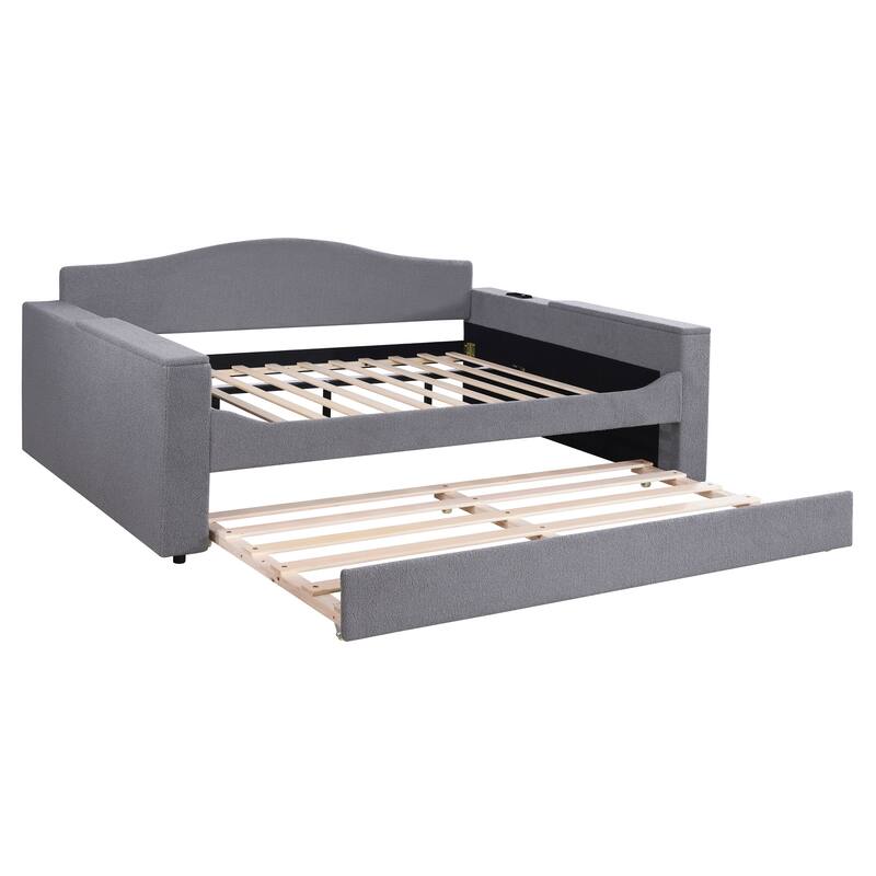 Gray Full Size Upholstered Daybed with Storage Armrests, Trundle & Bluetooth