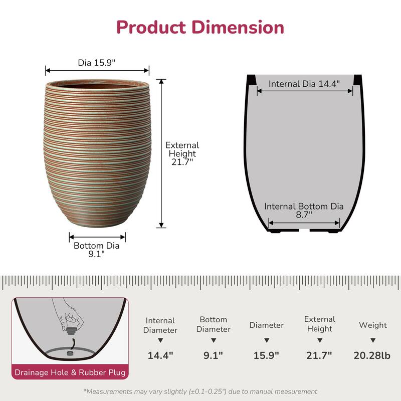 Concrete Tall Cylindrical Flower Pot with Drainage Holes and Enhanced Interior - 17 x 21.5