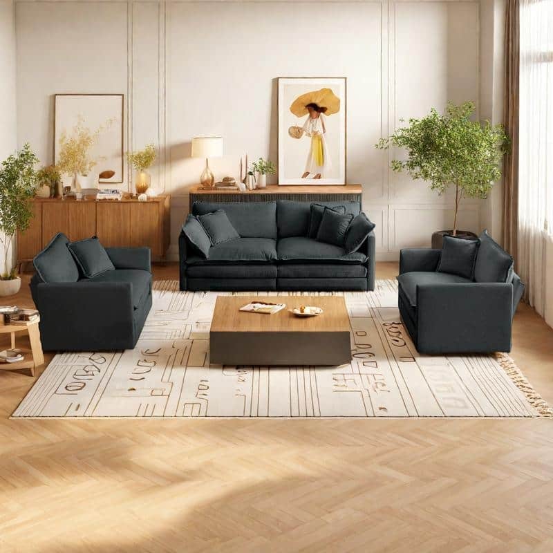 4-Seat Chenille Sofa Set with 2 Arm Chairs + 2-Seater Sofa and Pillows