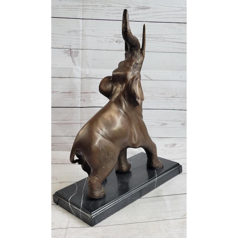 Trumpeting Happy Elephant Bronze Statue Sculpture Marble Base 16 Inches X 10 Inches