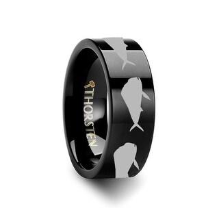 Thorsten Simple Artistic Fishing Hook Fish Sea Print Pattern Ring Inside Engraved Flat Black Tungsten Ring 10mm Wide Wedding Band with Custom Inside Engraved Personalized from Roy Rose Jewelry 