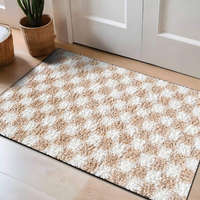 Block Shag Rug - Great for Living Room, Bedroom, or Entryway - Medium Pile, Easy to Clean - Anthracite Dark Gray - Beige - 2' x 3'