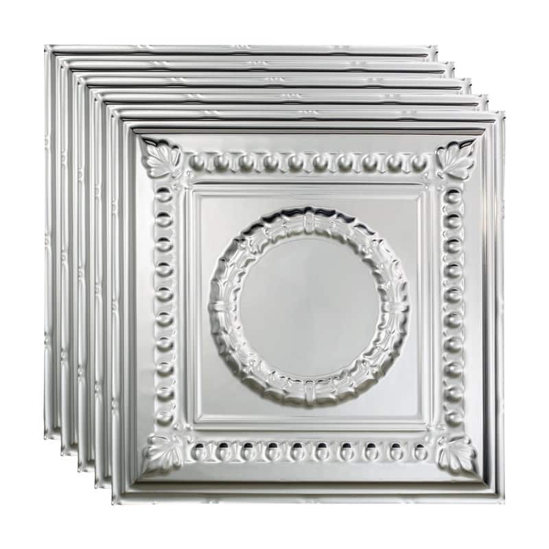 FASÄDE Rosette Decorative Vinyl 2ft x 2ft Lay in Ceiling Panel in Brushed Aluminum (5 Pack) - 5 Pack - Brushed Aluminum