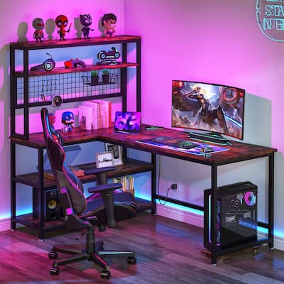 L-Shaped Computer Desk Reversible Corner Desk with Wireless Charging 9 Storage Shelves and Bookshelf for Home Office