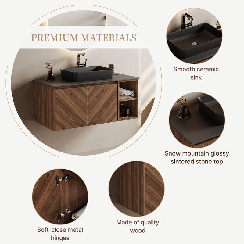 35.83'' Single Bathroom Vanity with Stone Top, Brown Wood, Black Vessel, Floading Vanities