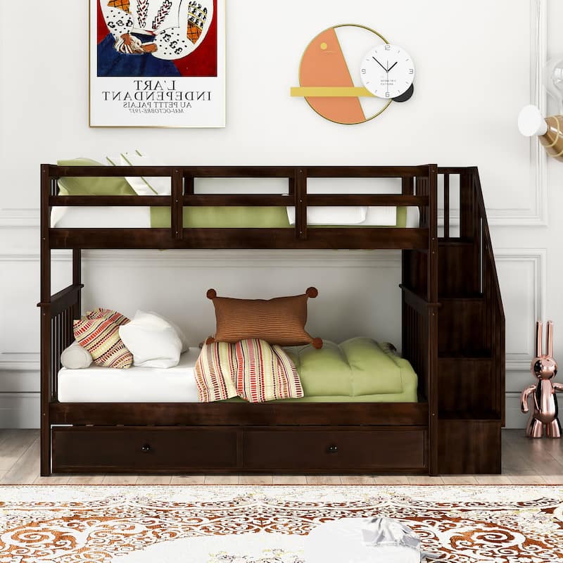 Stairway Twin-Over-Twin Bunk Bed with Twin size Trundle for Bedroom
